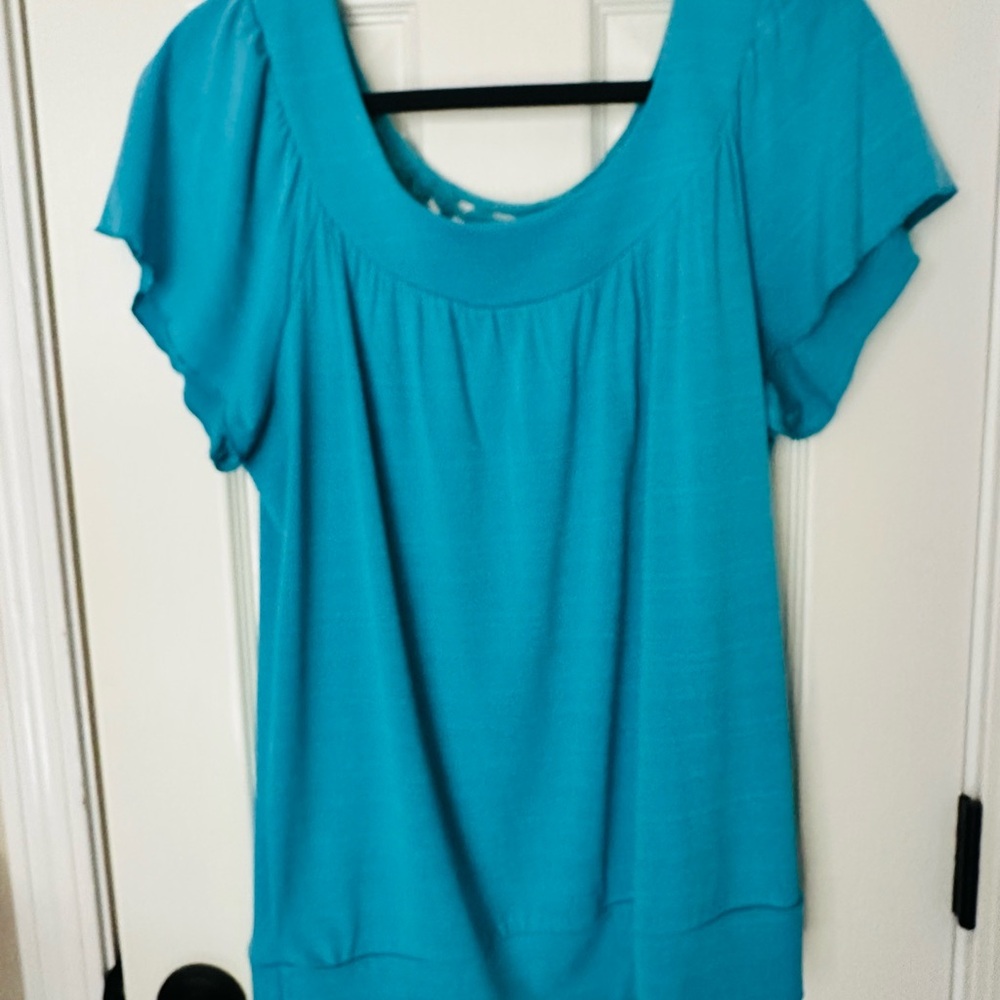AGB Blue Lace Flutter Sleeve Blouse Relaxed Fit